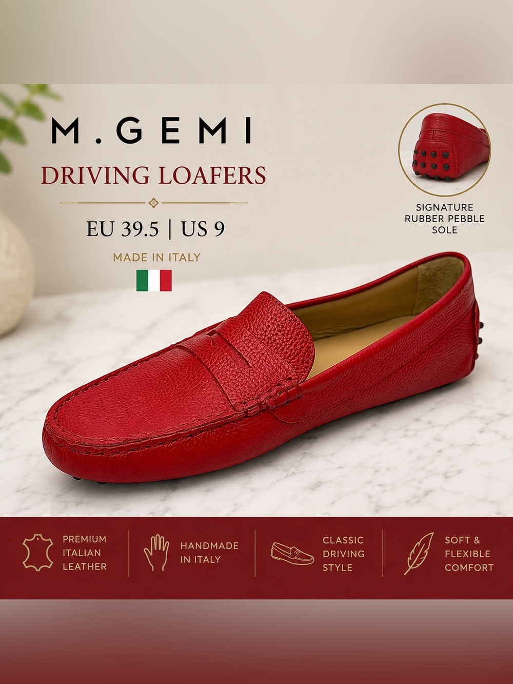 M.Gemi The Pastoso Red Leather Driving Loafers EU 39.5 US 9 Made in Italy